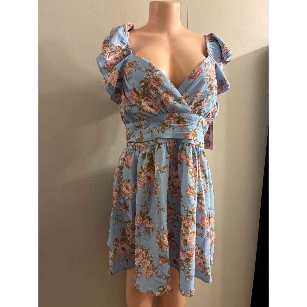 Inspired Hearts Dress Women XL Blue New Floral Ruffle Sleeve Smocked V-Neck Mini